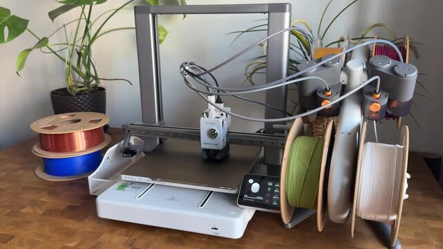Barnaul, Russia, 15 March 2026 ? Bambu Lab open-frame 3D printer with multi-color AMS filament system and multiple spools operates on a wooden desk.