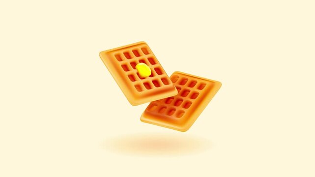 Waffle breakfast food floating in the air with a melting pat of yellow butter against a clean minimalist cream colored background