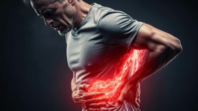 Man grimacing in pain holding side with glowing red area highlighting severe discomfort