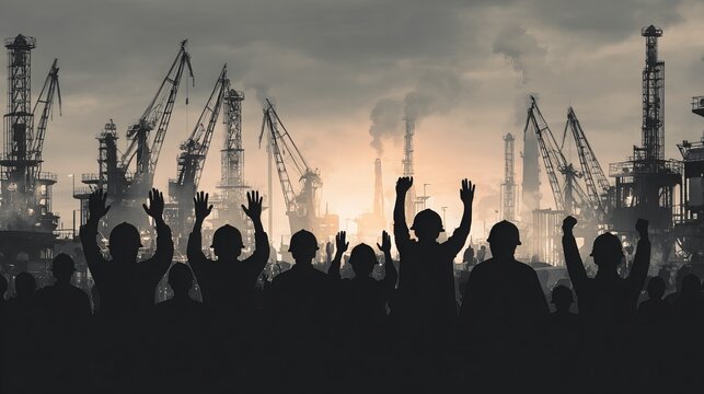 Silhouettes of industrial workers in hard hats raising hands in unity against factory background celebrating International Workers Day and labor strength concept
