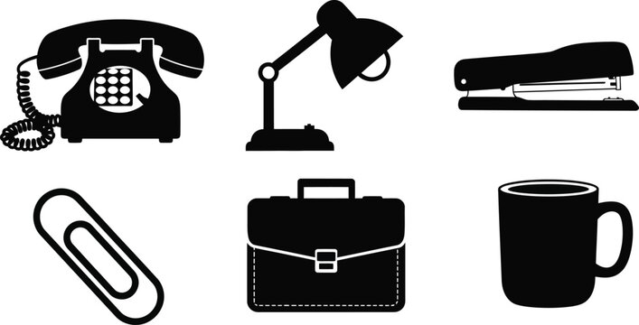 Modern office and school supply silhouette set, black vector icons of scissors, stacked books, desktop computer, and desk lamp isolated on white.