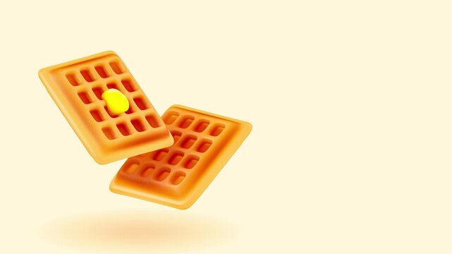 Two golden waffles with melting butter floating on the left side of a soft cream background for food marketing and restaurant menu design