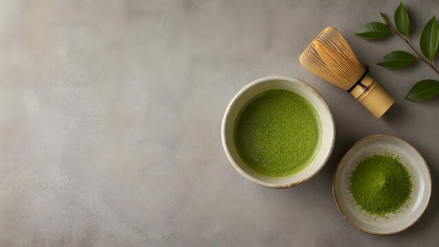 Japanese Matcha Tea Set Flat Lay Background with Copy Space