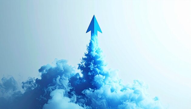 A blue arrow pointing upwards like a rocket with smoke, against a clean, gradient white background. Perfect for ideas related to business growth or success, with space on the sides for text.