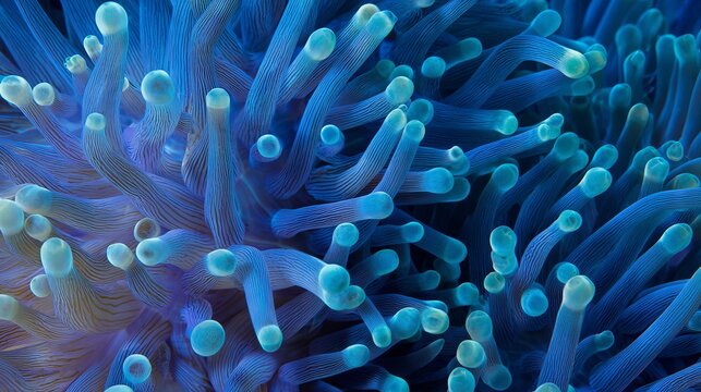 A mesmerizing close-up captures the intricate details of vibrant blue and turquoise coral polyps or anemone tentacles undulating gracefully underwater.