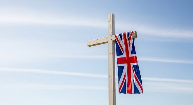 British Union Jack flag draped on wooden cross, United Kingdom national symbol on religious crucifix, patriotic Christian memorial against blue sky