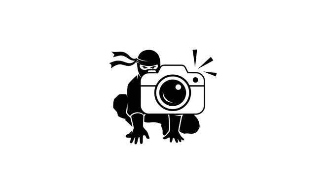 Ninja photographer crouching with camera on white background