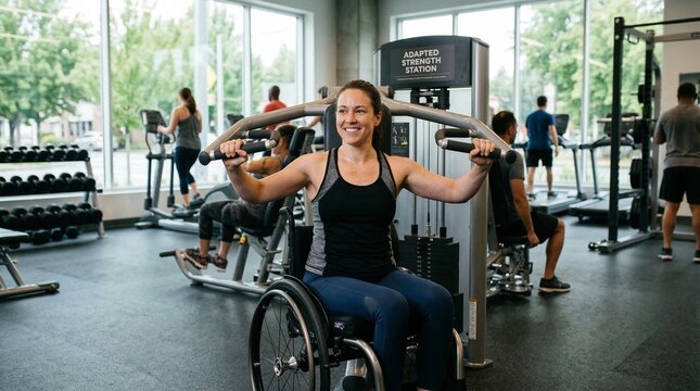 Happy smiling woman in wheelchair works out on chest press machine in sunny gym with other people.