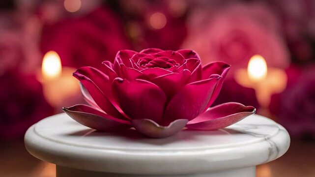 close up of a detailed pink lotus flower with elegant petals, resting on a marble stand, soft bokeh background with warm candlelight, romantic atmosphere
