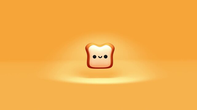 Toast character with a cute smiling face and rosy cheeks floating in the center of a warm orange glowing background for kitchen decor or branding