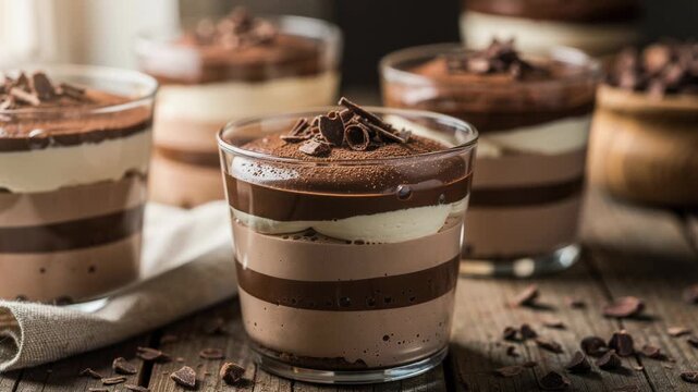 Decadent chocolate mousse dessert in glass with creamy layered textures delicious sweet treat