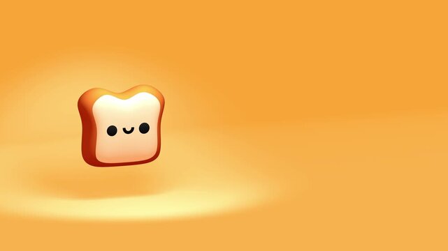 Smiling bread toast character floating on the left side of a bright orange minimalist background with soft lighting for creative food design
