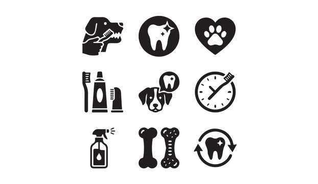 Dog dental care icon set for canine oral health and hygiene with toothbrush