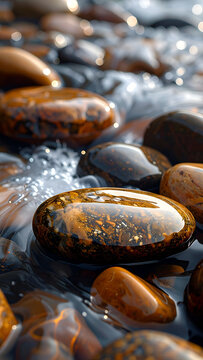 Polished river stones under shallow water creating relaxing zen garden ambiance