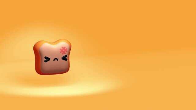 Grumpy toast character with a sad face and cross mark on its head floating in an orange space depicting burnt food or kitchen accidents