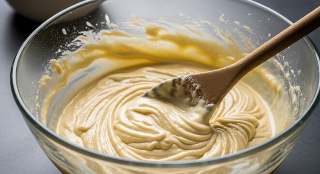 Macro shot of creamy yellow cake batter being mixed with a wooden spoon in a transparent glass bowl, highlighting the smooth texture and thick consistency during home baking.