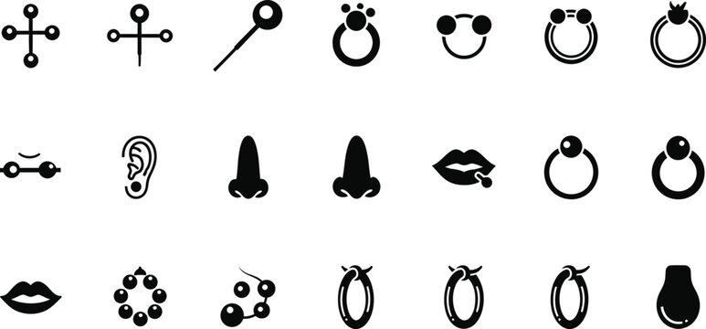Collection of black body piercing jewelry icons on a white background