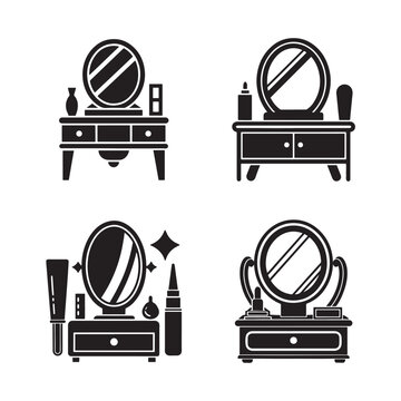 Black and white silhouette of four dressing tables with mirrors and various cosmetics and accessories on top  simple minimalist icons