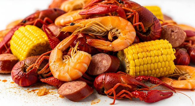 Seafood boil with shrimp crawfish corn and sausage in rustic casual outdoor lighting for restaurant menu