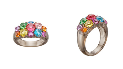 Naklejka premium Modern jewelry ring made from recycled plastic with vibrant multicolored gems on white background. Sustainable eco-friendly fashion accessory for circular economy branding and retail.