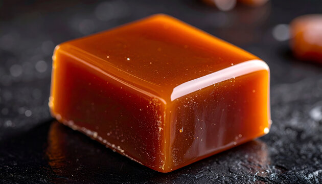 Delicious glossy square caramel candy piece with rich color and smooth texture on dark surface