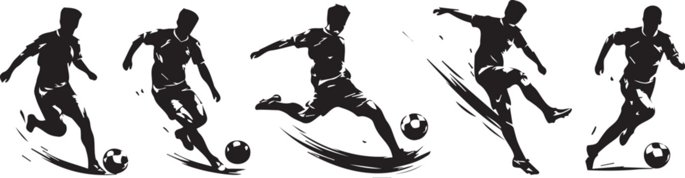 Energetic video footage captures stylized silhouettes of soccer players in dynamic motion, demonstrating various kicking actions with a football, animation