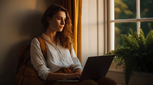 A thoughtful woman works on a laptop at a sunlit window embodying the modern lifestyle of deep focus and remote productivity