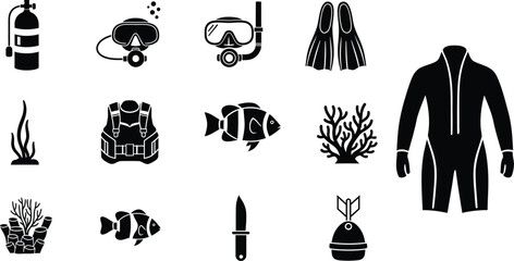 Set of black scuba diving and snorkeling equipment icons for ocean and sea water sports © Simu Store