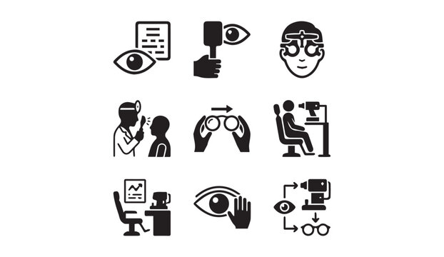 Ophthalmology eye care and optometry vision exam icon set with optometry