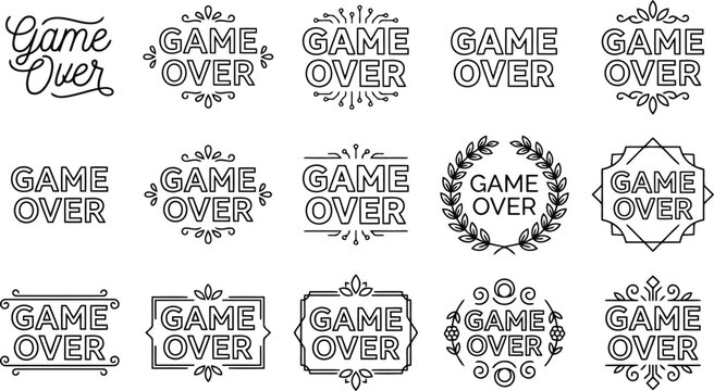 Set of game over text designs with decorative frames and ornaments vector line art for gaming and retro themes