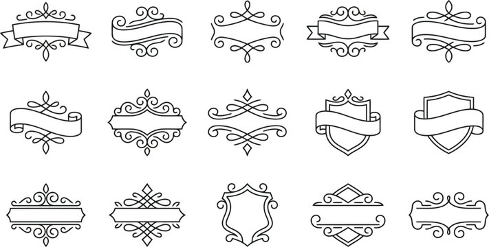 Vintage decorative frames and banners set calligraphic flourishes, heraldic shields, and elegant scroll borders for logo design