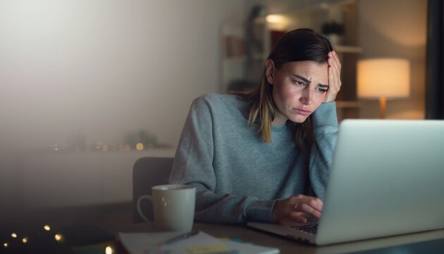 Exhausted Student at Night: A young woman, overwhelmed and stressed, sits at her desk late at night, staring at her laptop screen with a look of fatigue and despair.