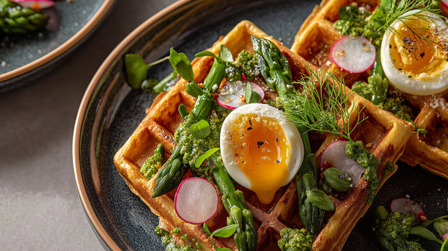 Waffles with Delightful Toppings: A mouthwatering display of golden-brown waffles, topped with vibrant green asparagus, fresh radish slices, and a perfectly cooked egg with a runny yolk.