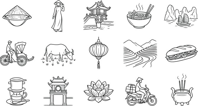 Vietnamese culture and travel icons set traditional symbols of vietnam food, landmarks, daily life, and nature