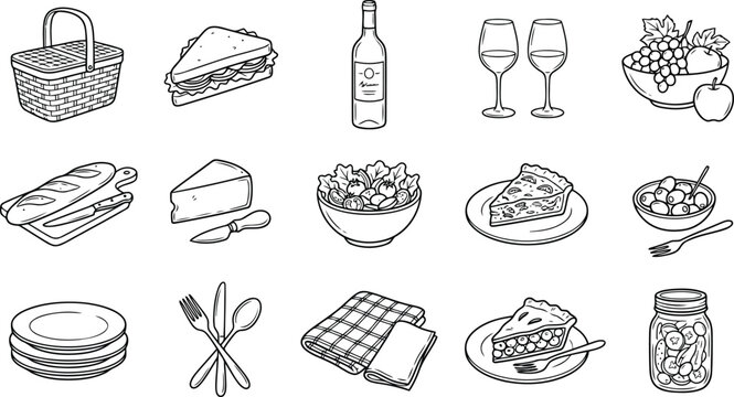 Picnic food and accessories line art set handdrawn outline icons collection