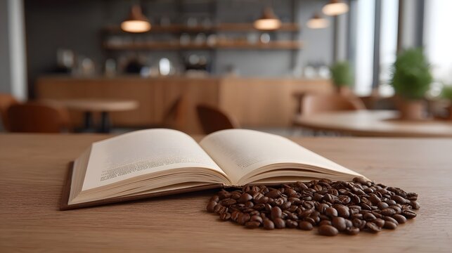 Open book and fresh coffee beans arranged on a wooden table embodying quiet study and warm intellectual pursuits