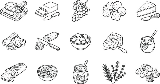 Set of handdrawn charcuterie board elements, including cheese, grapes, crackers, salami, bread, nuts, honey, and herbs