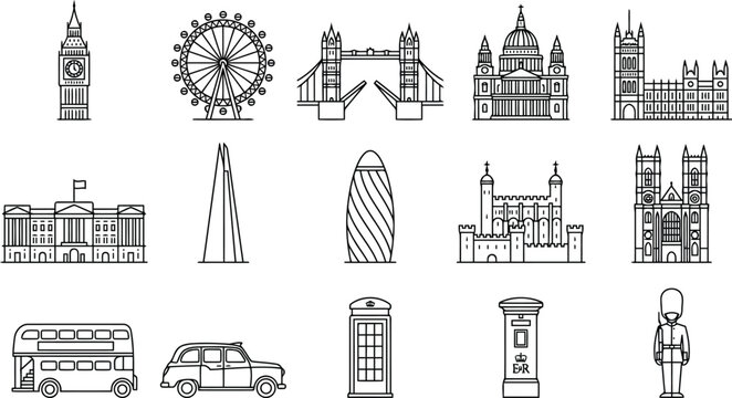 Set of london city landmarks and icons, including big ben, london eye, tower bridge, red bus, and telephone booth