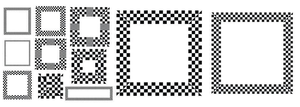 Checkered Frame Borders Set &ndash; Abstract Geometric Square Pattern Collection in Black and White Minimal Vector Design Elements