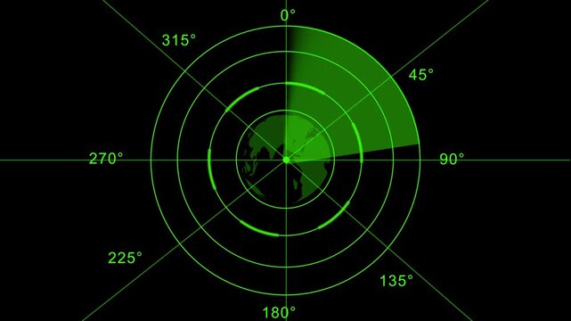 Global radar scanning interface animation. Futuristic radar interface scanning world map. Digital radar system tracking 4k Animation video on Black Background