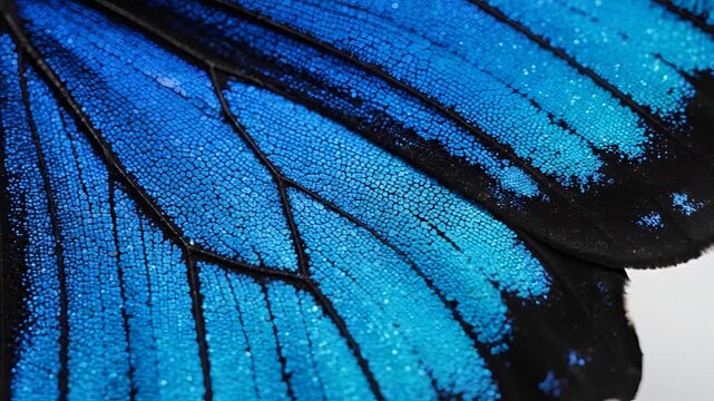 Closeup Macro View of Vibrant Blue Butterfly Wing Texture and Patterns.