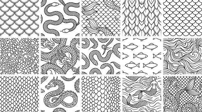 Set of seamless patterns with mythical creatures, dragons, mermaids, snakes and fish scales