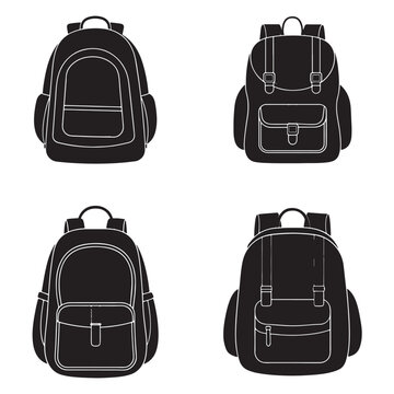 Collection of four different black school backpacks with white outlines on white background