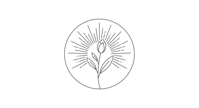 Minimalist line art logo of a blooming tulip with radiating sun rays in a circle.