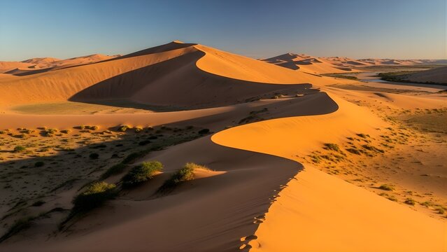 Scenic Desert Landscape with Dunes and Winding Path at Sunset