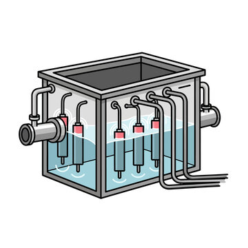 Industrial electroplating tank with submerged electrodes and plumbing system
