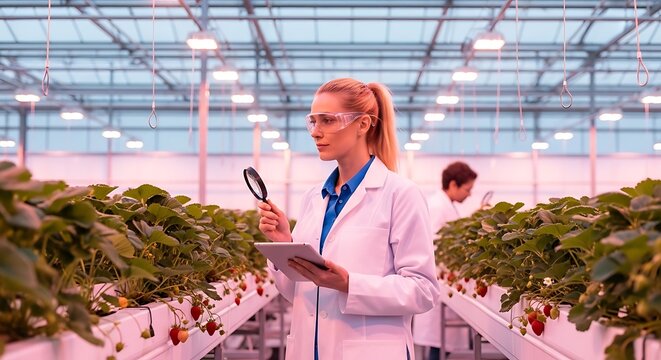 Female scientist examining plants in a greenhouse with magnifying glass