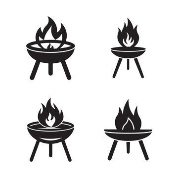 Four barbecue grill icons with flames burning on top for outdoor cooking and bbq  simple black silhouette style barbecue grills with different flame designs