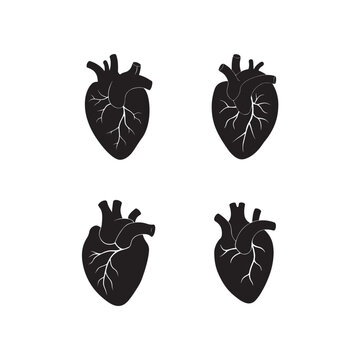 Four black anatomical heart illustrations with white veins  human cardiovascular system  medical education  health and wellness