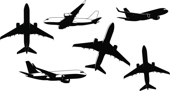 Private propeller plane and light aircraft silhouette set, black vector outlines of small airplanes and business jets isolated on white background.
